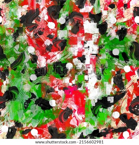 Seamless pattern. Abstraction. Strokes of green and red paint on canvas.