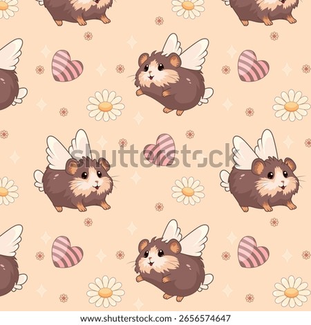 Seamless pattern with adorable flying guinea pigs with white wings. Surrounded by daisies, striped hearts and glitter on a soft peach background. Perfect for kids, children's textiles and cute station