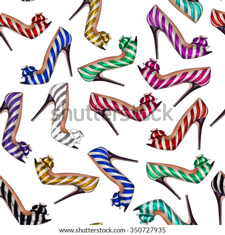 seamless pattern all over background with striped bright and colorful stiletto shoes