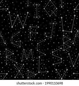 Seamless pattern alphabet  constellations abstract symbol space.Astrology background doodle style.Hand drawn illustration.