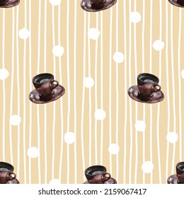 Seamless pattern of angled brown coffee cups, white stripes and polka dot on beige background. Watercolour graphics. For textile, gift wrap, wallpaper, stationery and packaging design.