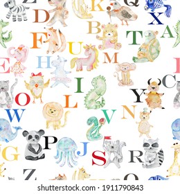 Seamless pattern with animals, birds and alphabet letters. Watercolor.