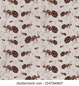 Seamless pattern with ants. Illustration with insects on beige background. Ant print for kids design, textile, fabric, wallpapers, books. 