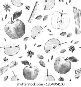 Seamless pattern with apples and spice. Apple in cut, sunflower seeds. Cinnamon, clove spice. Simple pencil drawing. Manual graphics. Stylish vintage illustration. Design wallpaper, fabric, postcard, 