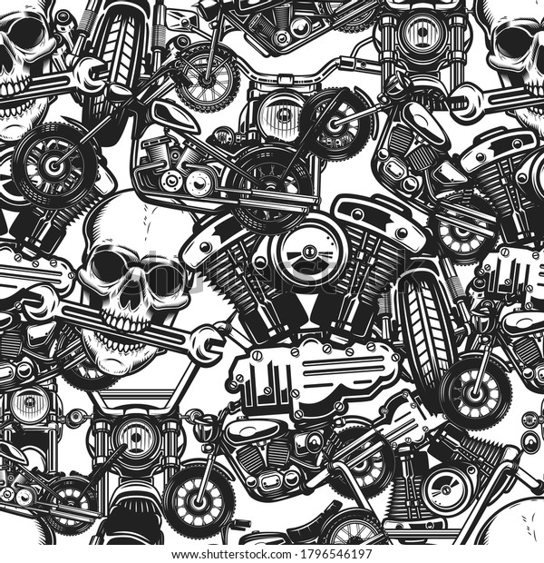 Seamless pattern\
with auto repair design elements in monochrome style. Design\
element for poster, card,\
banner.