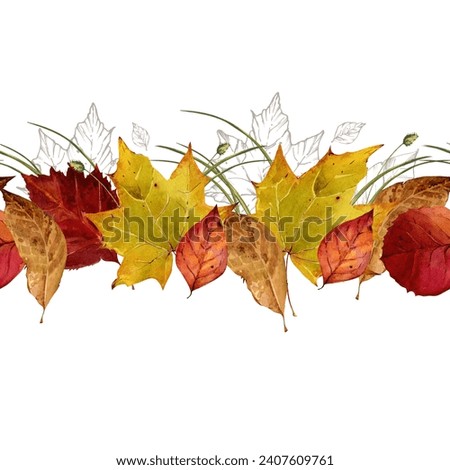 Seamless pattern of autumn fallen dry leaves. Maple leaf pattern. Watercolor illustration in offset technique for the design of invitations, cards, textiles, banners.