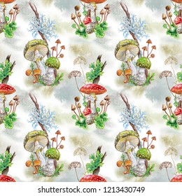 Seamless Pattern Of Autumn Plants: Toadstools, Fly Agarics, Moss And Lichen, Watercolor Painting.