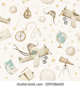 Seamless Pattern Aviation And Travel. Cute Funny Airplane Pilot. Vintage Style. Light Background. Stock Illustration.