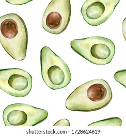 Seamless pattern with avocado. Colorful watercolor hand painted clipart on white background. 
Simple stylish illustration. Fashion modern style. Fruit fabric print, wrapping paper, packaging.