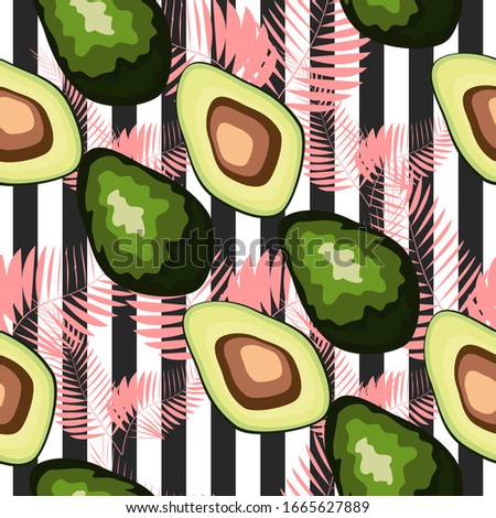 Seamless pattern with avocado. Seamless pattern with tiger stripes and tropical fruits and leaves.
