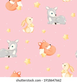 Seamless Pattern For Baby Newborn Blanket Milestone, Stars And Cute Little Animals, Baby Animals, Deer Hare Rabbit Fox
