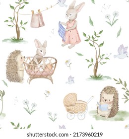 seamless pattern with baby watercolor illustration with cute bunnies, hedgehogs and forest theme and 4 companions