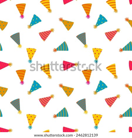 Seamless Pattern Background with Celebration Party Hat. Colorful endless print with Birthday party hats. Design for prints, wrapping paper, gift bags, scrapbooking.