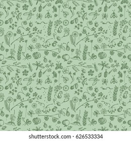 Seamless pattern, background with hand drawn cute insects, animals, fruits, flowers, leaves, decorative elements Hand sketch line drawing. doodle style Series of Hand Drawn seamless Patterns.
