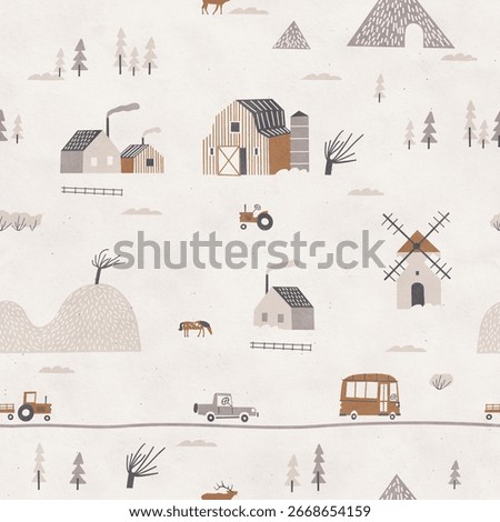 Seamless pattern background with mountains, fields, farms, houses, trees. Beige color. Vintage style.