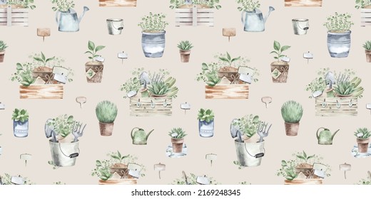 Seamless pattern, background, texture. Watercolor drawing of a garden hobby. Planting seedlings, plants. garden supplies, garden tools.