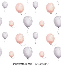 Seamless pattern with balloons; watercolor hand drawn illustration; can be used for baby shower or cards; with white isolated background
