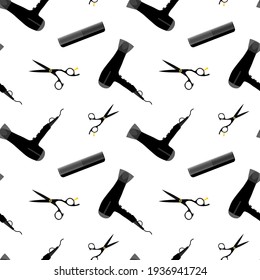 Seamless pattern barber theme. Hair dryer, combs and scissors. Hair salon, hair care.