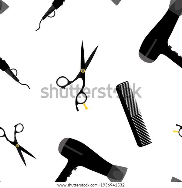 Seamless pattern barber theme. Hair dryer,\
combs and scissors. Hair salon, hair\
care.