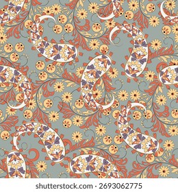 Seamless pattern based on traditional Asian elements Paisley. Traditional colorful seamless paisley pattern. Pattern for textile design or fabrics. Fashionable delicate design