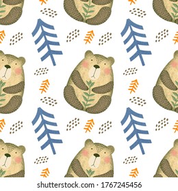 Seamless pattern of bears,trees on a white background. Digital illustration.