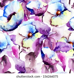 Seamless pattern with Beautiful Blue flowers, Watercolor painting 