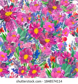 Seamless pattern with Beautiful flowers. Watercolor or acrylic painting. Hand drawn floral background. Wildflower wallpaper with pink wild rose, lavender and pappy. Artistic print