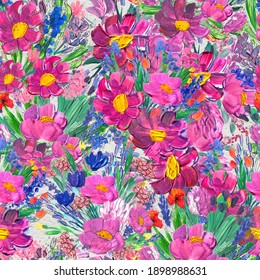 Seamless pattern with Beautiful flowers. Watercolor or acrylic painting. Hand drawn floral background. Wildflower wallpaper. Nature artistic print design