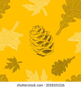 Seamless pattern of beautiful oak and maple autumn leafs and pine cones white and black illustration on yellow with copy space. Autumn seasonal backdrop for postcard gift paper wallpaper textile