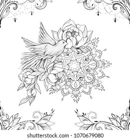 Seamless Pattern Of A Beautiful Ornament And Bird With A Mandala On A White Background.