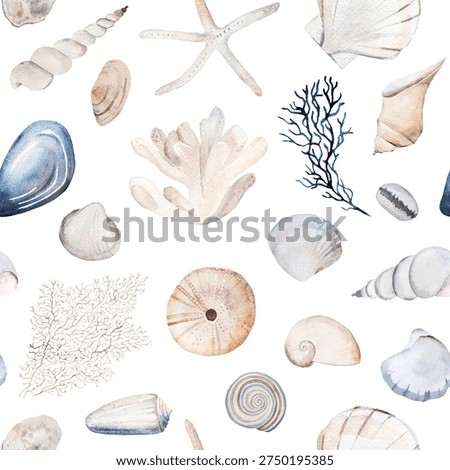 Seamless pattern with beige, blue and grey watercolor seashells, sea star, coral, driftwood and marine plants. Isolated illustration for coastal wedding stationery and beach event design