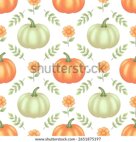 Seamless Pattern with Beige and Orange Pumpkins, Green Leaves and Flowers – Ideal for Harvest Festival, Thanksgiving Wrapping, Fall Textile, Home Decor, Scrapbooking