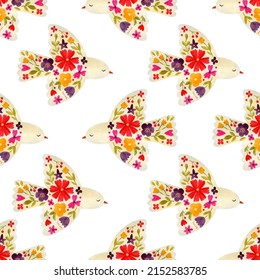 Seamless pattern - bird, dove of peace on a white background. Bird with flowers in folk style. Watercolor illustration. - Powered by Shutterstock