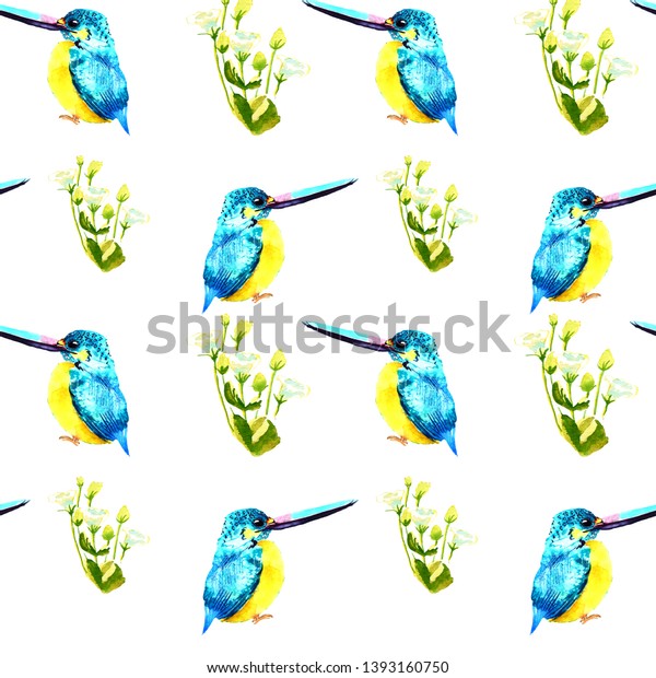 Seamless pattern birds and flowers. Hand drawn\
watercolor illustration. Kingfisher bird and white flowers isolated\
on white background.\
