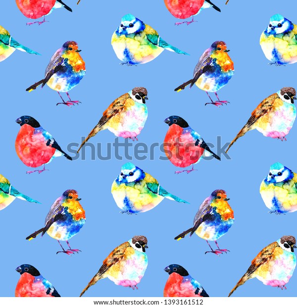 Seamless\
pattern birds. Hand drawn watercolor illustration. Robin bird,\
bullfinch bird, titmouse on blue\
background