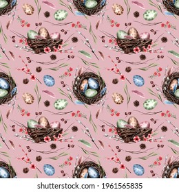 Seamless pattern with bird's nest and eggs for Easter on a pink background. Branches, feathers, nest, sakura. Spring texture suitable for fabric, textile, decor