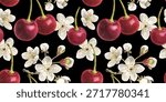 Seamless pattern black background cherries in a row food watercolor illustration. Whole sweet cherry, berry core fruits, stalk, stems, white flowers, flower on a branch watercolour hand drawn
