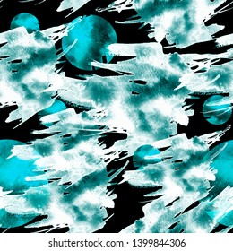 Seamless pattern black blue background. abstract handmade watercolor art. Art Black, blue watercolor ink paint blob. Abstract stain, splash of paint, movement. Art background.