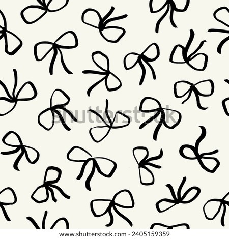 Seamless pattern of black bows on beige background. Minimalist trendy ribbon background. Texture for wrapping paper, fabrics, social media designs and stationery. Coquette style