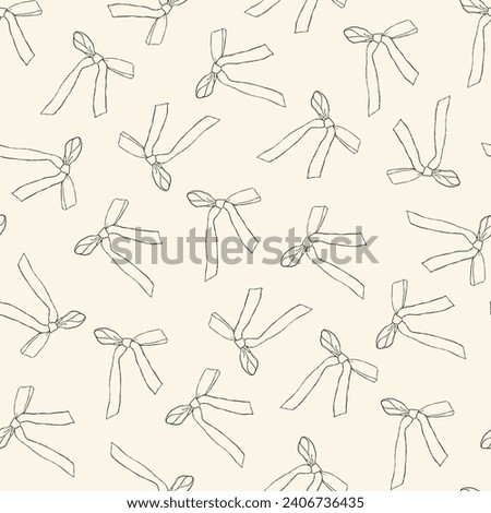Seamless pattern of black bows on neutral background. Minimalist trendy ribbon background. Texture for wrapping paper, fabrics, social media designs and stationery. Coquette style