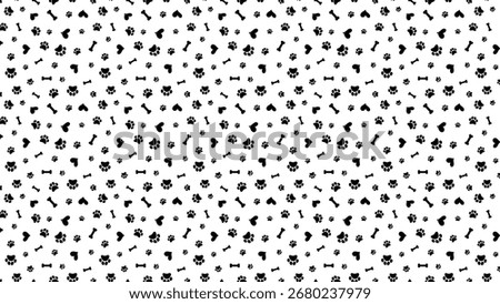 A seamless pattern of black dog paws, bones and hearts on a white background. Perfect for pet lovers, animal themed designs, or backgrounds. Vector illustration. 185 characters
