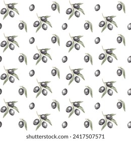seamless pattern with black olives and green leaves on a white background for packaging , fabric , printing , textil and more