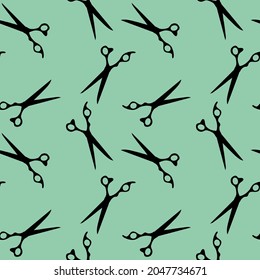 Seamless pattern with black scissors on mint background for wallpaper and fabrics and textiles and packaging and gifts and cards and linens and kids. Hobby and salon print. - Powered by Shutterstock