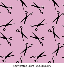 Seamless pattern with black scissors on pink background for wallpaper and fabrics and textiles and packaging and gifts and cards and linens and kids. Hobby and salon print. - Powered by Shutterstock