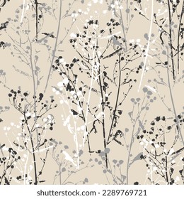 Seamless pattern with black and white and gray silhouettes of grass with long stems and small flowers and leaves on a beige background. Natural grassy abstract pattern for fabric.