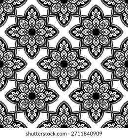 seamless pattern, black and white, monochrome, mandala, floral, lotus flower, repeating background, ornamental, decorative, oriental, Indian, ethnic, tribal, bohemian, boho, wallpaper, textile design,