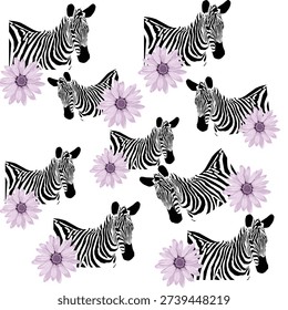 Seamless pattern of black and white zebra with light purple daisy flowers on white background