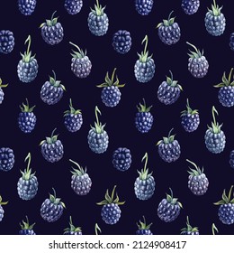 Seamless Pattern. Blackberry Berries Watercolor Botanical Illustration. Floral Backdrop