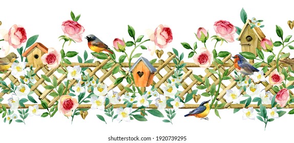 Seamless Pattern With Blossom Garden Flowers And Birds. Floral Banner Prety Design