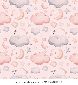 Seamless pattern with blue clouds, gold stars and moons. Watercolor hand drawn kids illustration. white isolated nursery background.